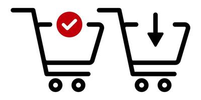 Shopping Cart Icon Set. Online Purchase Symbol with Check Mark and Download Arrow. E-commerce, Order, Checkout, Buy and Add to Cart. Flat Minimal Design for Web and Mobile UI Concepts. vector