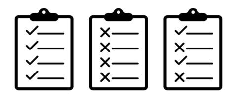Three clipboard icons with checkmarks and crosses representing completed, failed, and mixed task lists, black outline symbols for productivity, planning, task management concepts. Editable Stroke vector