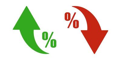 Up and down arrow icons with percentage symbols. Green upward and red downward indicators for finance, sales, discount, growth, drop, statistics, or investment infographic and report design. vector
