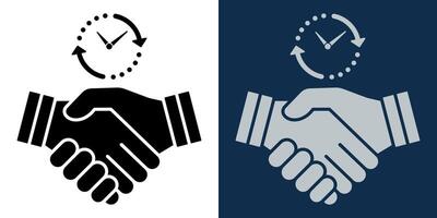 Business handshake and time management concept. Agreement, deal, cooperation, and deadline icon. Black and white handshake with clock symbolizing efficiency, punctuality, and partnership in business. vector