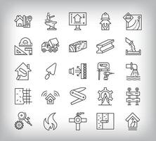 Carpenter, measuring, pipe, concrete and house plan design. Simple set of 25 linear construction icons. vector