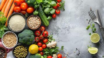 Healthy Lifestyle background over gray color . Harvard Healthy Eating Plate with Omega . photo