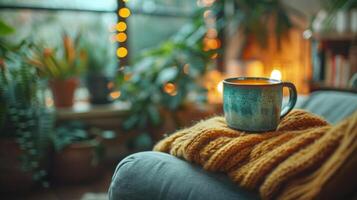 mental health concept of self care, cup and wark coziness at home photo