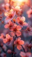 Sunset time, peach blossoms blooming on the branches, with sunlight shining photo