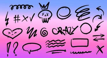 Set of urban graffiti scribbles with dripping ink in Y2K style. Includes scribble, arrows, hearts, skulls, and abstract symbols. Perfect for street art, urban designs, and edgy graphics. vector