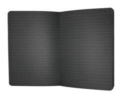 A black notebook with lines open on transparent background png