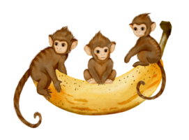 Three playful monkeys enjoying a giant banana in an imaginative watercolor safari setting png