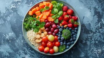 bowl with fresh and healty food. healthy nutrition, balanced diets, and nutrient-rich choices for wellness photo