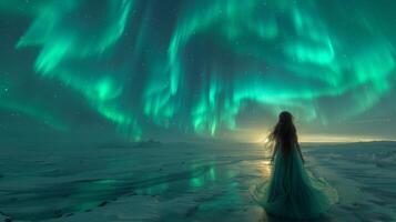 Winter season. A woman in a flowing ethereal gown aurora, night magik photo