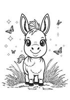 Cute Baby Donkey Coloring Page with Butterflies and Grass Background vector