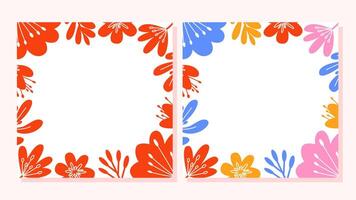 Elegant floral frame illustration. Decorative red, trendy colorful flowers and leaves border. For invitation, square card, background, poster. Stylish set, spring botanical design, copy space vector