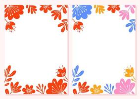 Elegant floral frame illustration set. Decorative red, colorful flowers and leaves border. Perfect for invitation, card, background, poster. Stylish spring botanical design with copy space vector