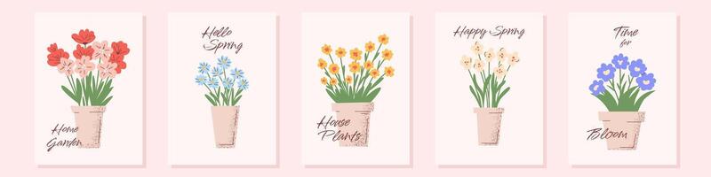 Set of cute posters with potted flowers illustration. Spring floral collection, simple, flat hand drawn style with text hello spring, time for bloom, home garden. Minimalistic isolated design vector