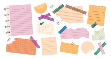Set of various torn paper notes, stickers, to do list, duct and washi tapes, paper clips. Isolated flat sticky elements, planners, reminders for mood boards, scrapbooking, collages. vector