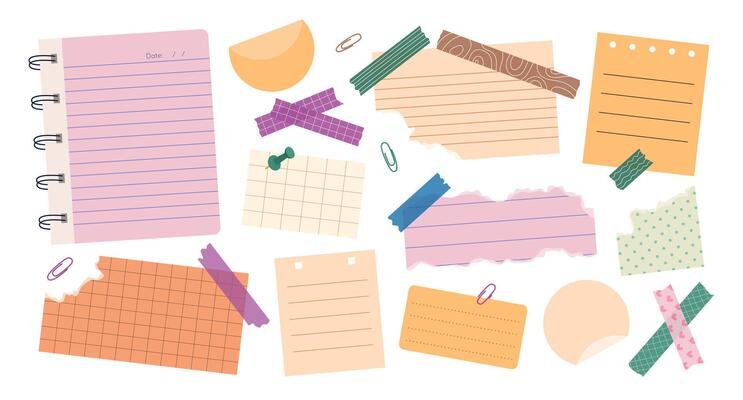 Set of various torn paper notes, stickers, to do list, duct and washi tapes, paper clips. Isolated flat sticky elements, planners, reminders for mood boards, scrapbooking, collages.