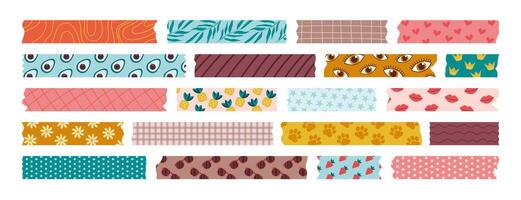 Set of isolated washi tape strips, sticky duct tapes, adhesive notes, stickers. Various patterned elements with ripped edges on a white background. Collection of paper pieces for scrapbooking. vector