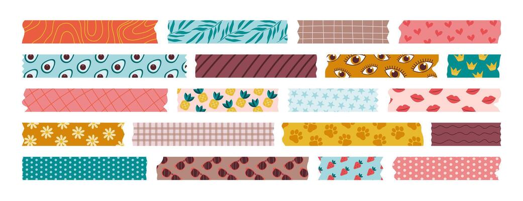 Set of isolated washi tape strips, sticky duct tapes, adhesive notes, stickers. Various patterned elements with ripped edges on a white background. Collection of paper pieces for scrapbooking.