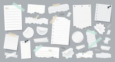 Set of realistic torn paper notes, stickers, to do list, duct tapes, paper clips. Isolated white sticky elements and reminders for mood boards, scrapbooking, and collages on background. vector
