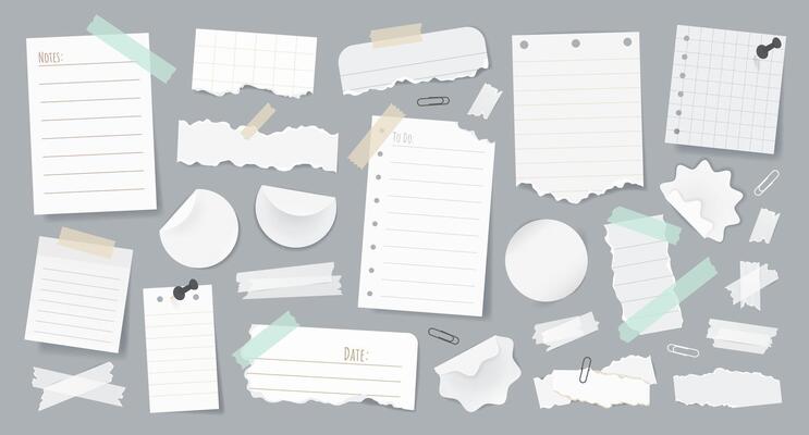 Set of realistic torn paper notes, stickers, to do list, duct tapes, paper clips. Isolated white sticky elements and reminders for mood boards, scrapbooking, and collages on background.