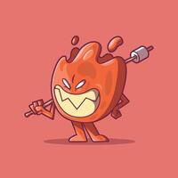 Fire Character with a grim face holding a stick with a marshmallow. vector