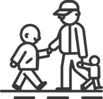 A man and child walking down the street with a dog vector