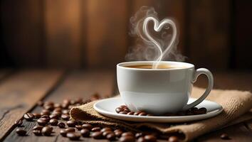 Warm Coffee Cup with Heart-Shaped Steam on Rustic Wooden Table with Coffee Beans photo