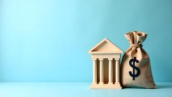 Banking and Finance Concept with Money Bag and Government Building on Blue Background photo