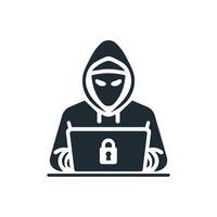 Security and protection. Hacker with laptop flat icon vector