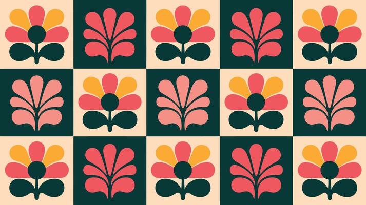 Retro Floral Checkered Pattern in Warm Tones