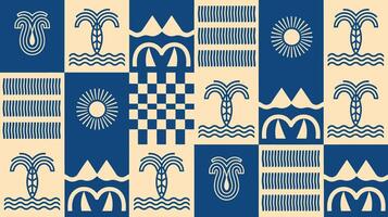 Vintage Geometric Tropical Pattern with Palm Trees and Sun in Retro Colors vector