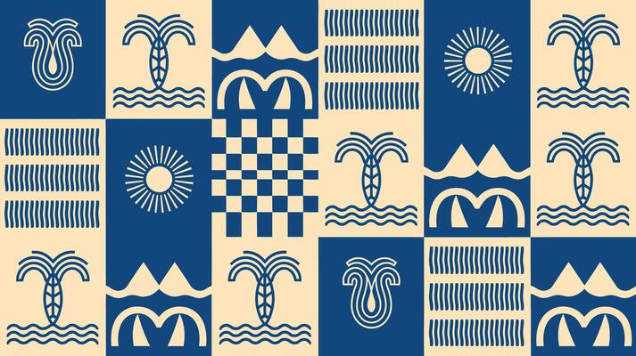Vintage Geometric Tropical Pattern with Palm Trees and Sun in Retro Colors