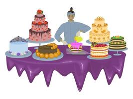 Image of pastry chef with cakes on white background vector
