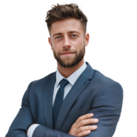 A man in a suit and tie standing with his arms crossed png
