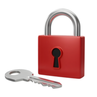 3d render of a bright red padlock with silver shackle and matching key on a transparent background png