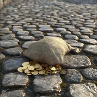 A burlap sack spills gold coins on cobblestones photo