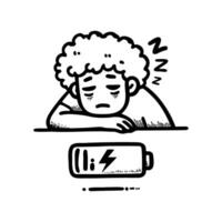 Illustration of a tired person with low energy resting beside a battery icon indicating low charge level vector