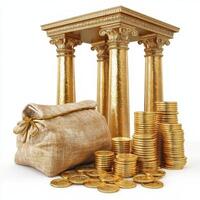 Golden Pillars Wealth Sack And Coins Display photo