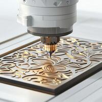 CNC Machine Engraving Intricate Floral Design on Wood photo