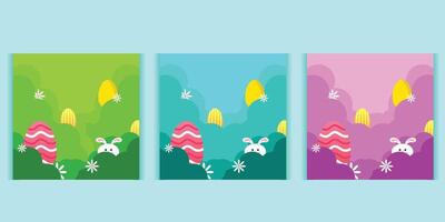 Happy Easter greeting card set. Cute spring background with eggs, flowers and spring. Colorful flat template for social media posts, online ads, flyers, vector