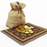 A burlap sack of gold coins rests on an ornate rug photo