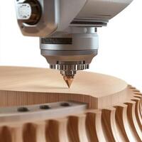 Automated machine precisely carving intricate wooden gear photo