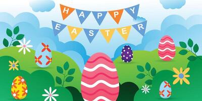 Easter poster and banner templates with spring theme with eggs and flowers and grass background. Greetings and gifts for Easter in flat style. Promotional and shopping templates vector