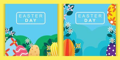 Happy Easter greeting card set. Cute spring background with eggs, flowers and spring. Colorful flat template vector