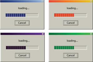 Old Windows user interface. download bar, alert window on computer monitor with loading message and error message popup vector