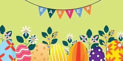 Easter poster and banner templates with spring theme with eggs and flowers and grass background. Greetings and gifts for Easter in flat style. Promotional and shopping templates for Easter vector