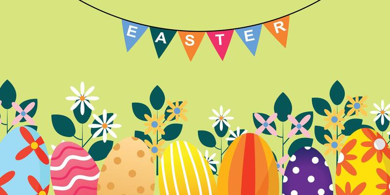 Easter poster and banner templates with spring theme with eggs and flowers and grass background. Greetings and gifts for Easter in flat style. Promotional and shopping templates for Easter