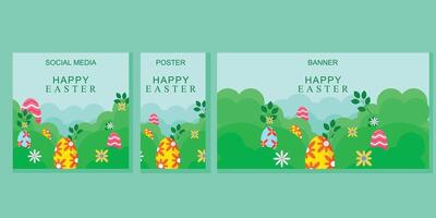 Happy Easter greeting card set. Cute spring background with eggs, flowers and spring. Colorful flat template for social media posts, online ads, flyers, invitations, posters, vector