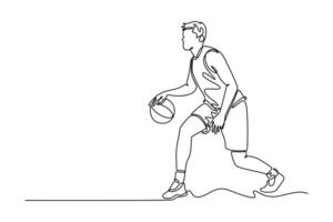 Single one line drawing young basketball player dribbling ball. Training agility and control on playground court. Sportsman activity or hobby. Continuous line draw design graphic illustration vector