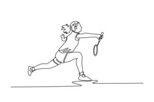 Single one line drawing beauty female badminton player get ready to receive shuttlecock from opponent during game play on indoor court. Modern continuous line draw design graphic illustration vector