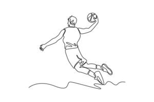 Continuous one line drawing back view of basketball player makes slam dunk on big professional arena during the game. Players wearing sport uniform. Single line draw design graphic illustration vector